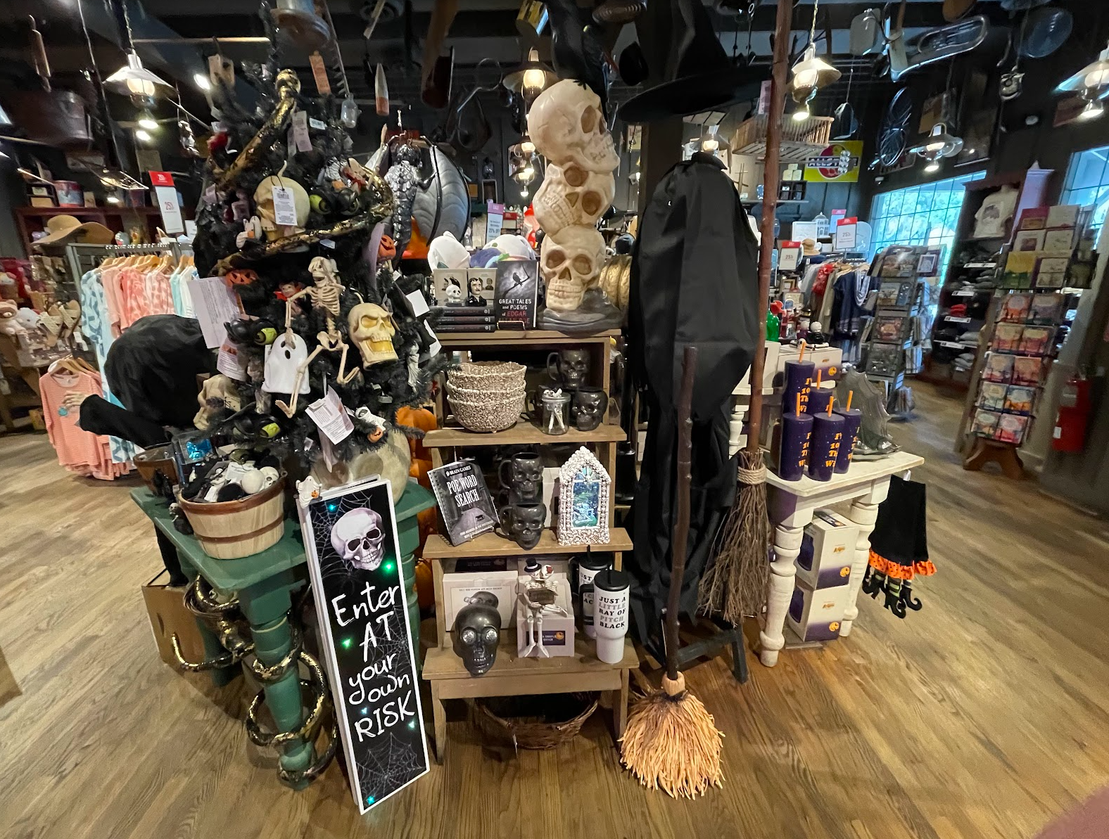 A literal pile of Halloween decorations in a Cracker Barrel restaurant.